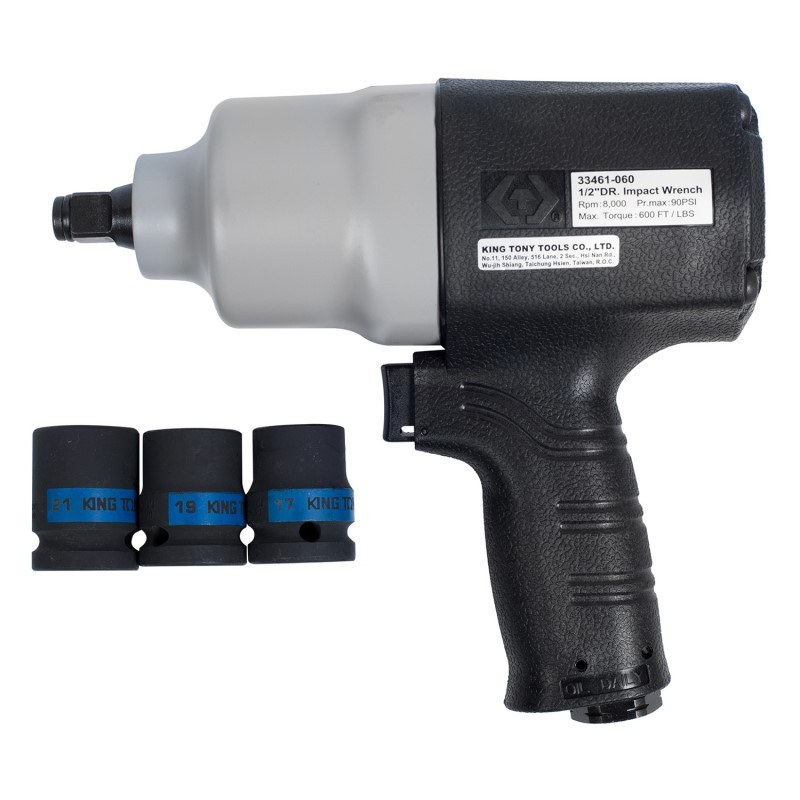 KINGTONY Гайковерт пневматический ударный 1/2", 813 Нм, композитный, 3 торц. головки P33461-060B