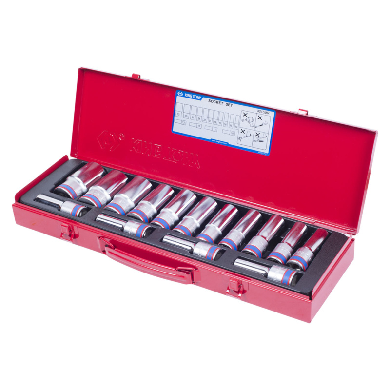 KING TONY Набор глубоких торцевых головок 1/2", двенадцатигранные, 10-32 мм, 15 предметов 4215MR